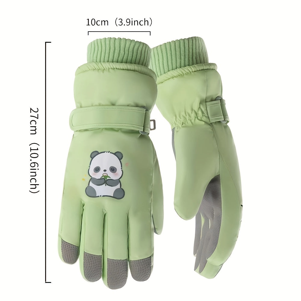 1 Pair Women'S Winter Ski Gloves, Cute Panda Design, Touchscreen Compatible, Polyester Thermal Lining, Velvet Palm, Magic Tape Closure, Hand Washable, Weather-Resistant
